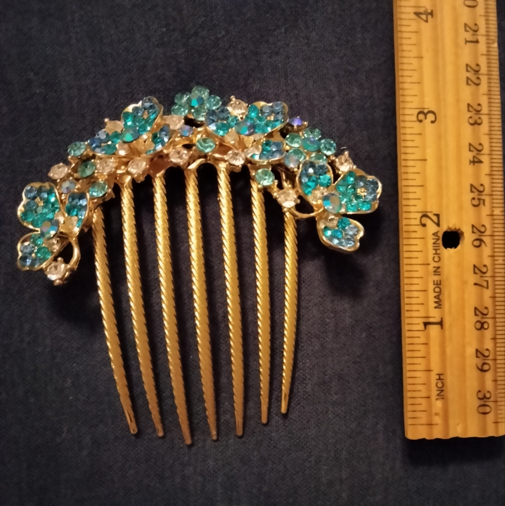3 for💲25🌟 heavy hair comb prom pageant crystal blue flowers gold-tone - Picture 2 of 4